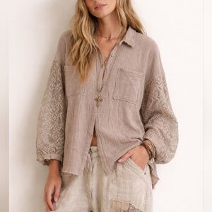 La Miel Taupe Crochet Sleeve Gauzy Cotton Button Down, L, Boho, Ethereal, Indie